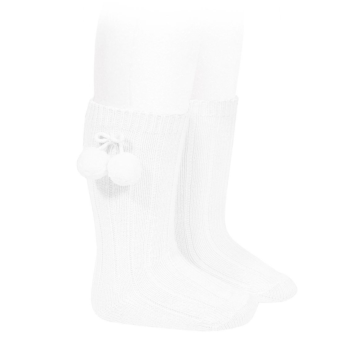 Rib Knee High Socks W/ Pom Poms | White
