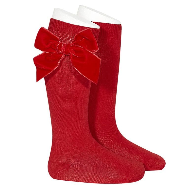 2489/2 Side Velvet Bow Knee-high Socks  | Red 550