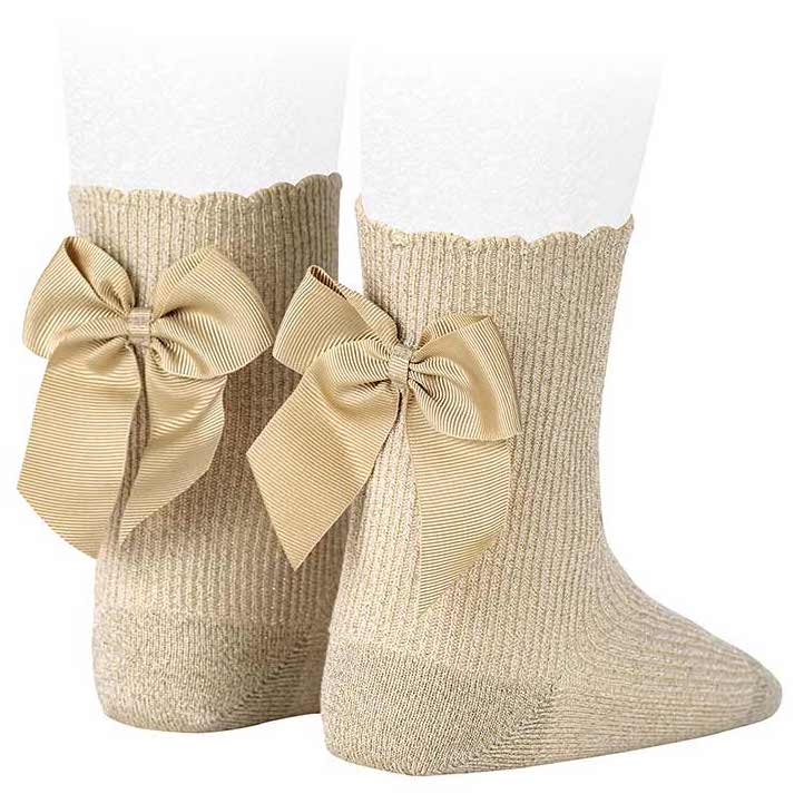 Fine Rib BRIGHT Short Socks W/ Back Grossgrain Bow | Beige (303