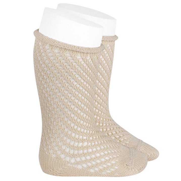 Net Openwork Perle Knee High Socks W/ Rolled Cuff | Linen (304)