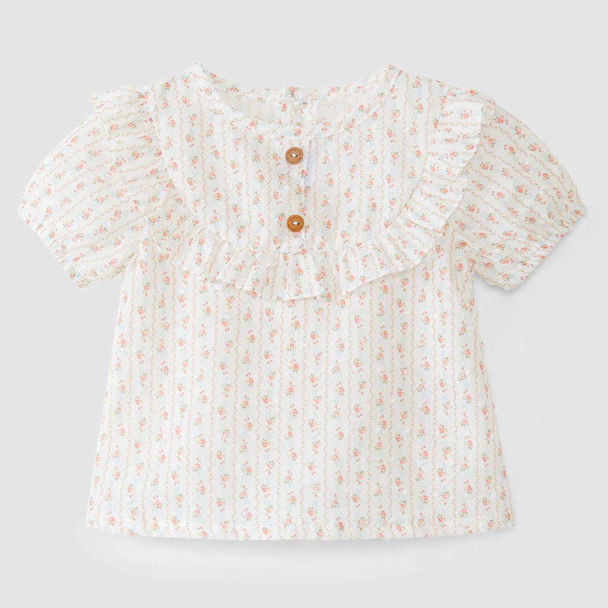 Salmon Floral Plumeti Blouse & Coral Shorts W/ Ruffle