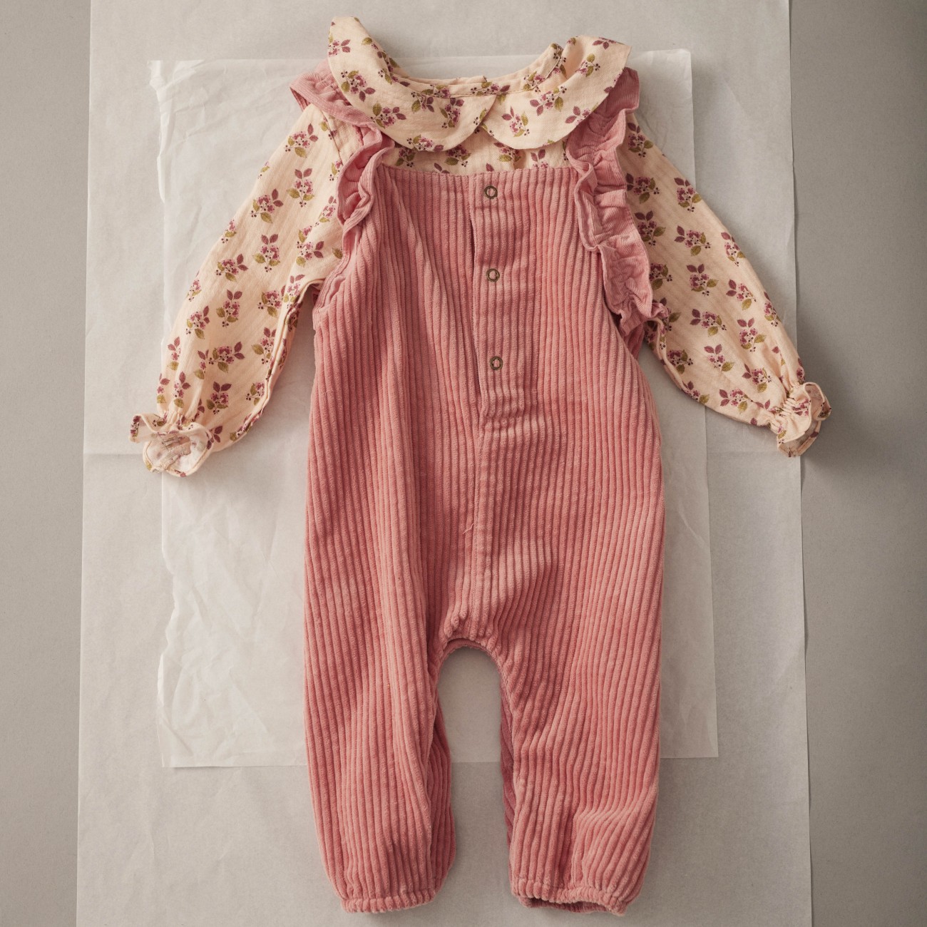 Bloom Textured Blouse & Wide corduroy Ruffled Overalls