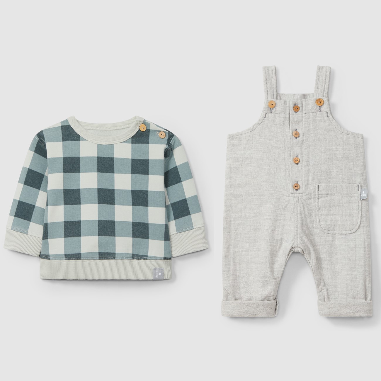 Triple Gauze Dungarees & Plaid Sweatshirt | Grey/Blue
