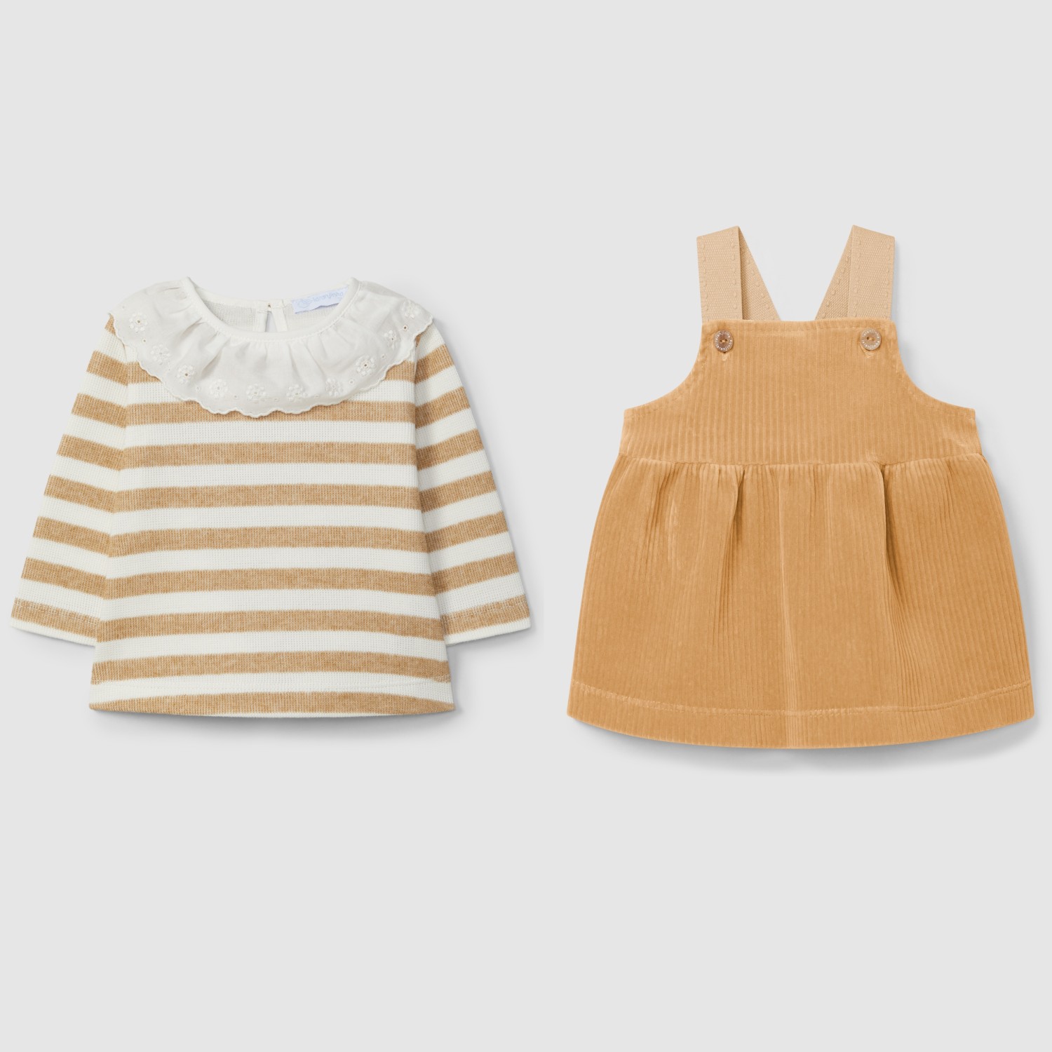 Striped Longsleeve & Corduroy Pinafore Dress Camel