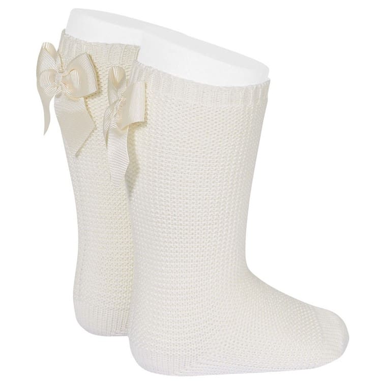 2007/2 Garter Stitch Knee High Socks W/ Bow | Beige 303