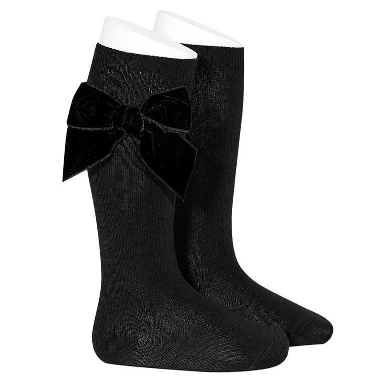 2489/2 Side Velvet Bow Knee-high Socks | Black 900