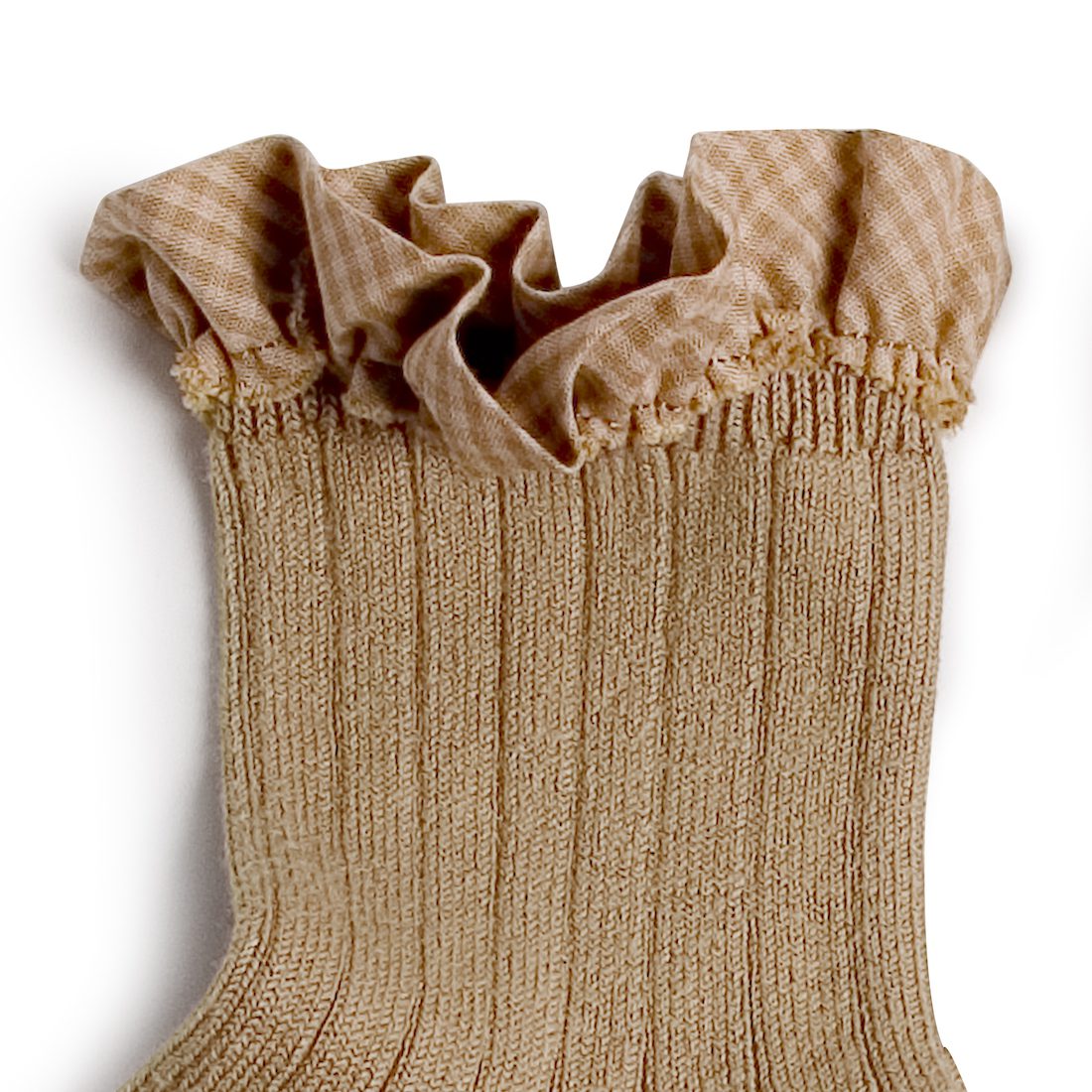 Brigitte Gingham Ruffle Ribbed Ankle Socks Petite Taupe