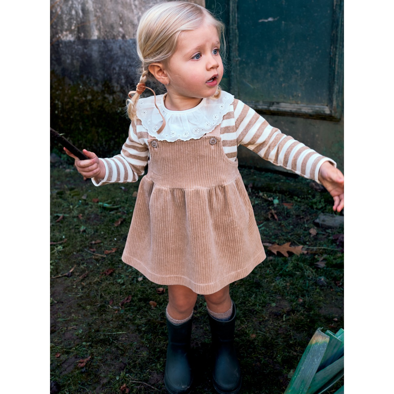 Striped Longsleeve & Corduroy Pinafore Dress Camel