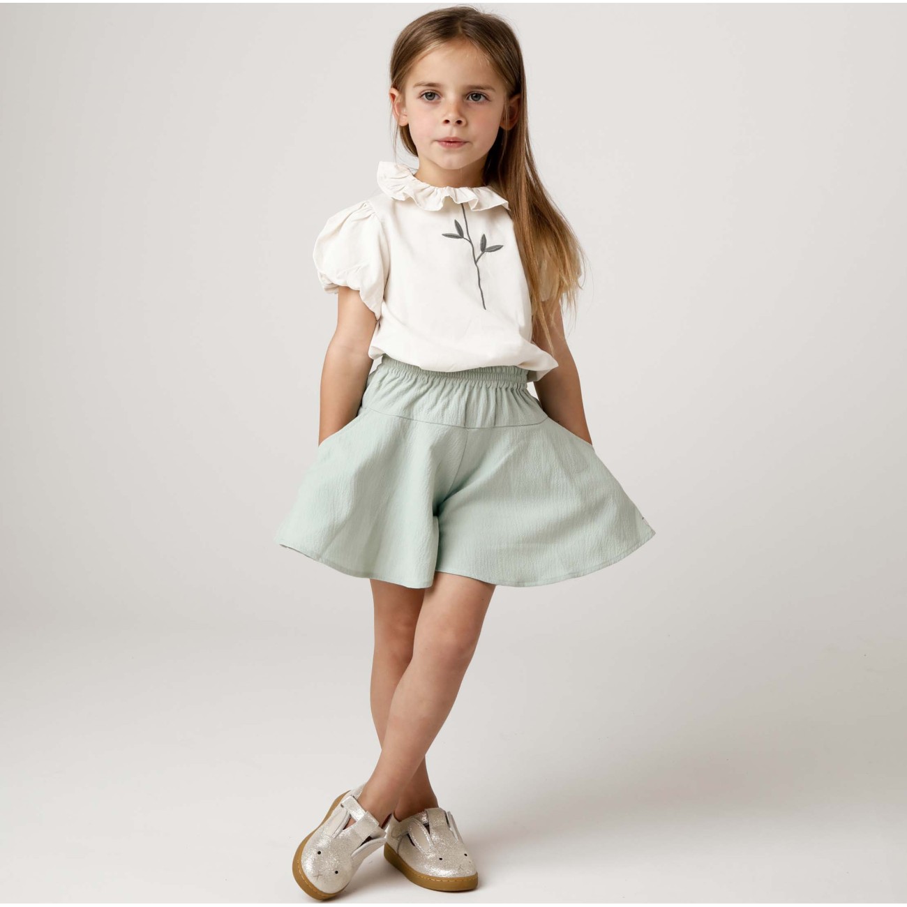 Warm White Sennie Blouse &  Frosted Green Assane Shorts