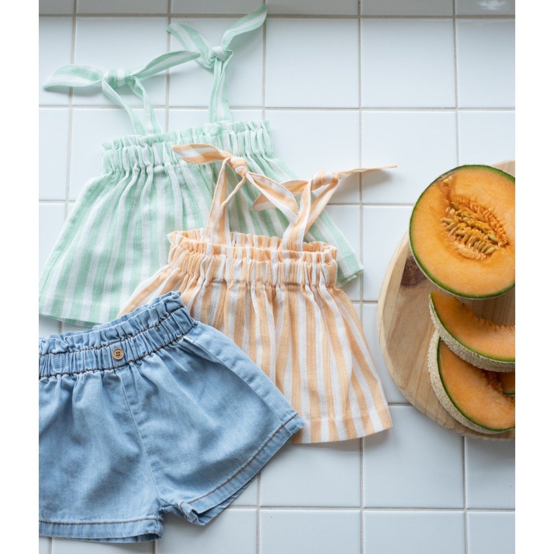 Adela Top & Beatrice Short | Denim/Subtle Green