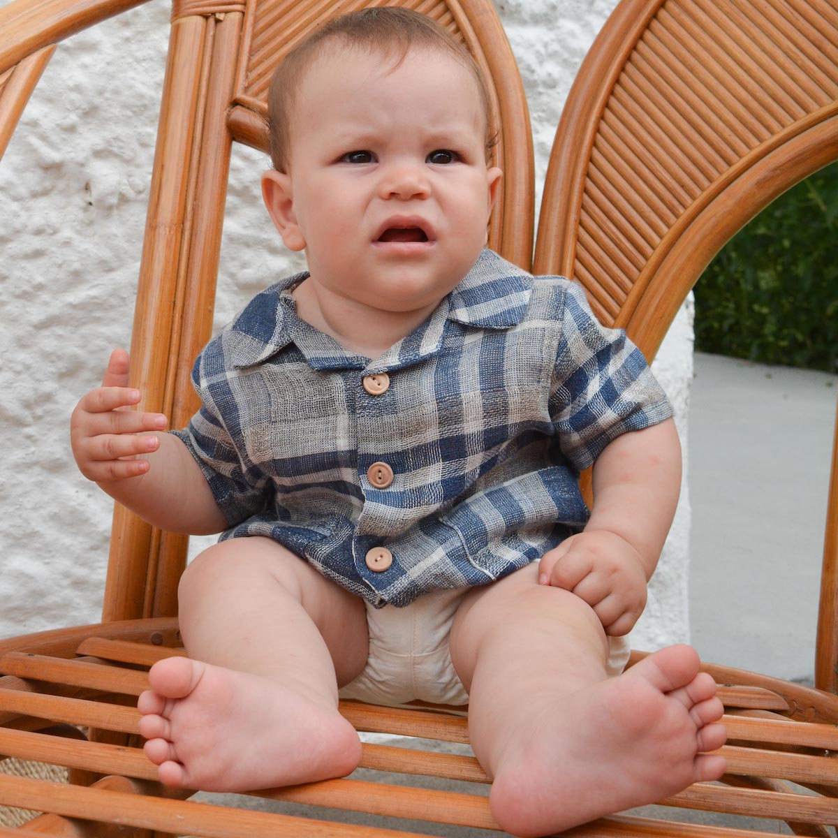 Navy Square Linen Top & White Linen Bloomers