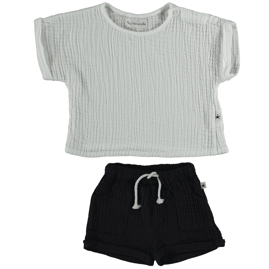 Dark Blue Bobble Gauze Baby Shorts & White Gauze Top