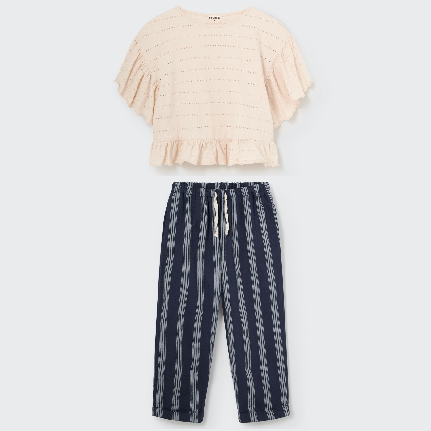 Elviak Ivory Hacquard Tshirt & Bellak Navy Striped Ruffle Pants