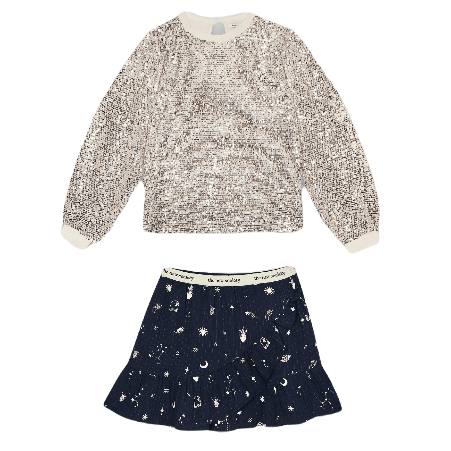 Sequins Silver Galaxy Tee & Cosmos Print Paola Skirt