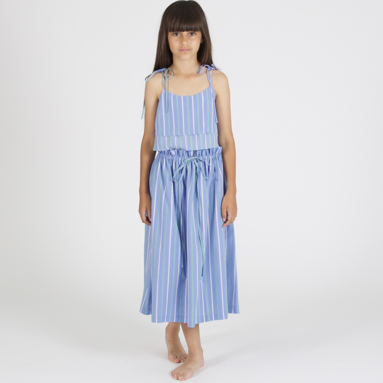 Tied Double Peplum Blouse & Striped Flared Midi Skirt