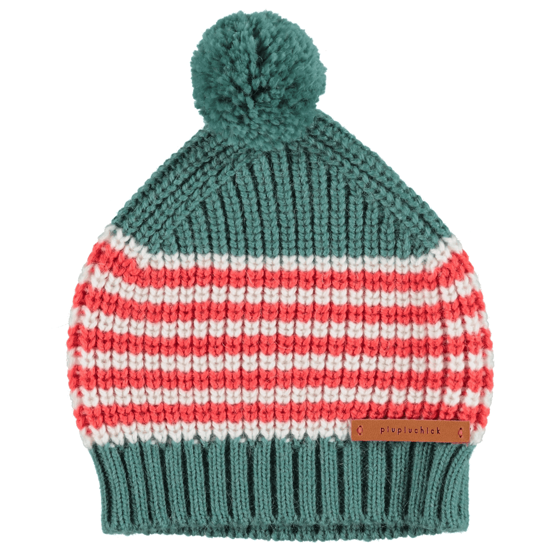 Knitted Hat W/ Pompom | White / Emerald / Orange