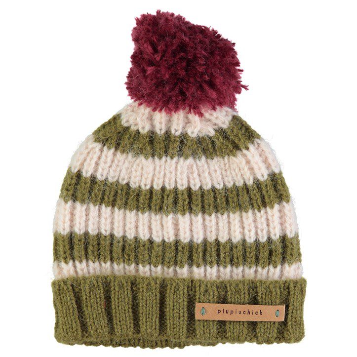 Knitted Hat W/ Pompom | Green & Ecru Stripes