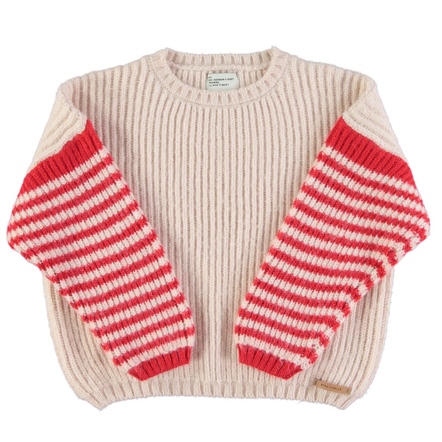 Knitted Sweater | Ecru & Red Stripes