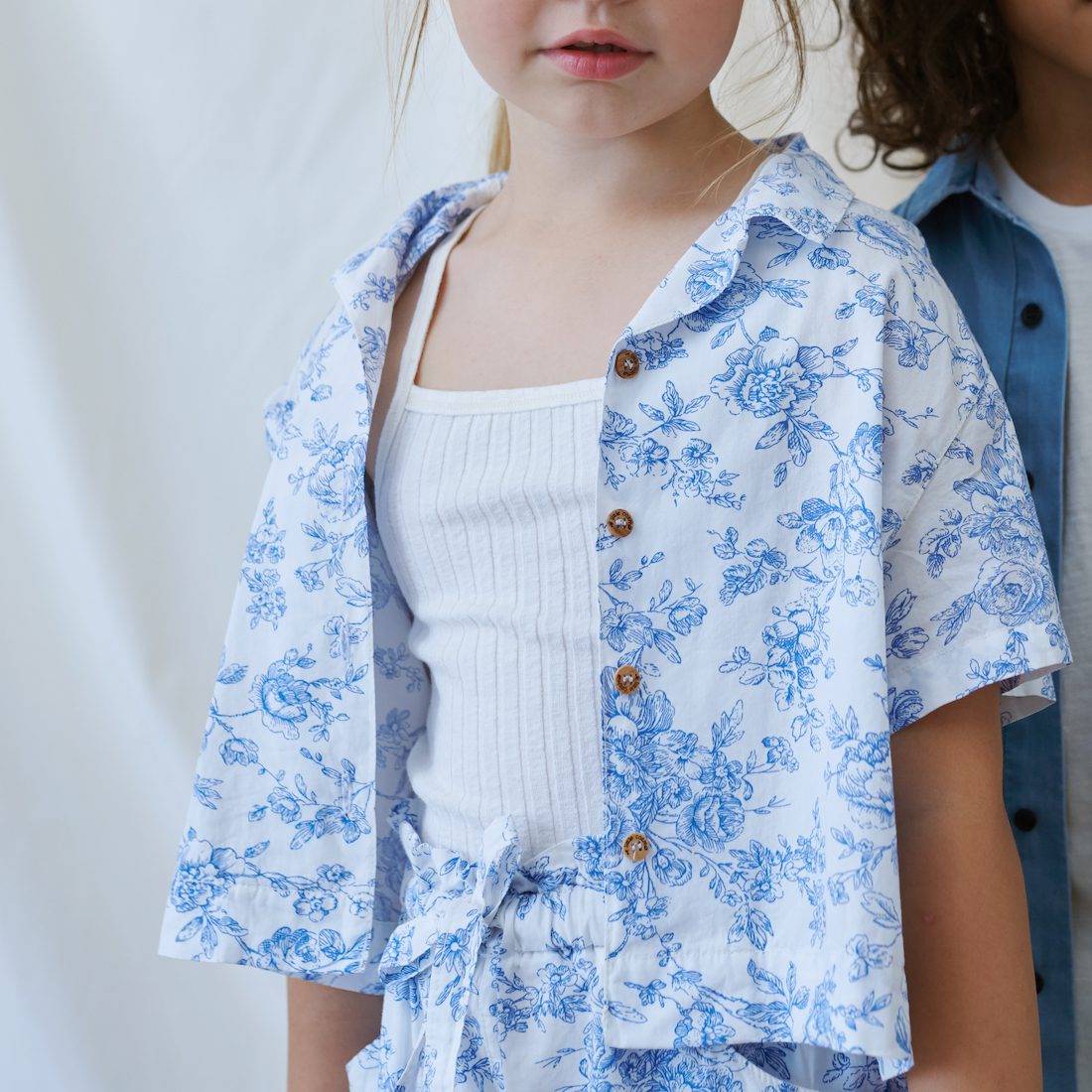 3 Piece Set | Rib Lettuce Edge Top & Floral Crop Shirt & Floral Shorts