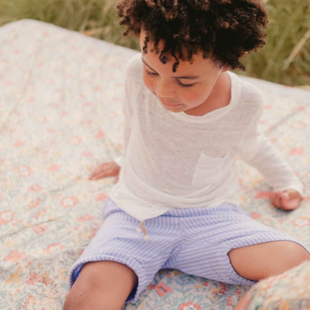 White Stano Tee & Blue Stripe Obiki Bermuda