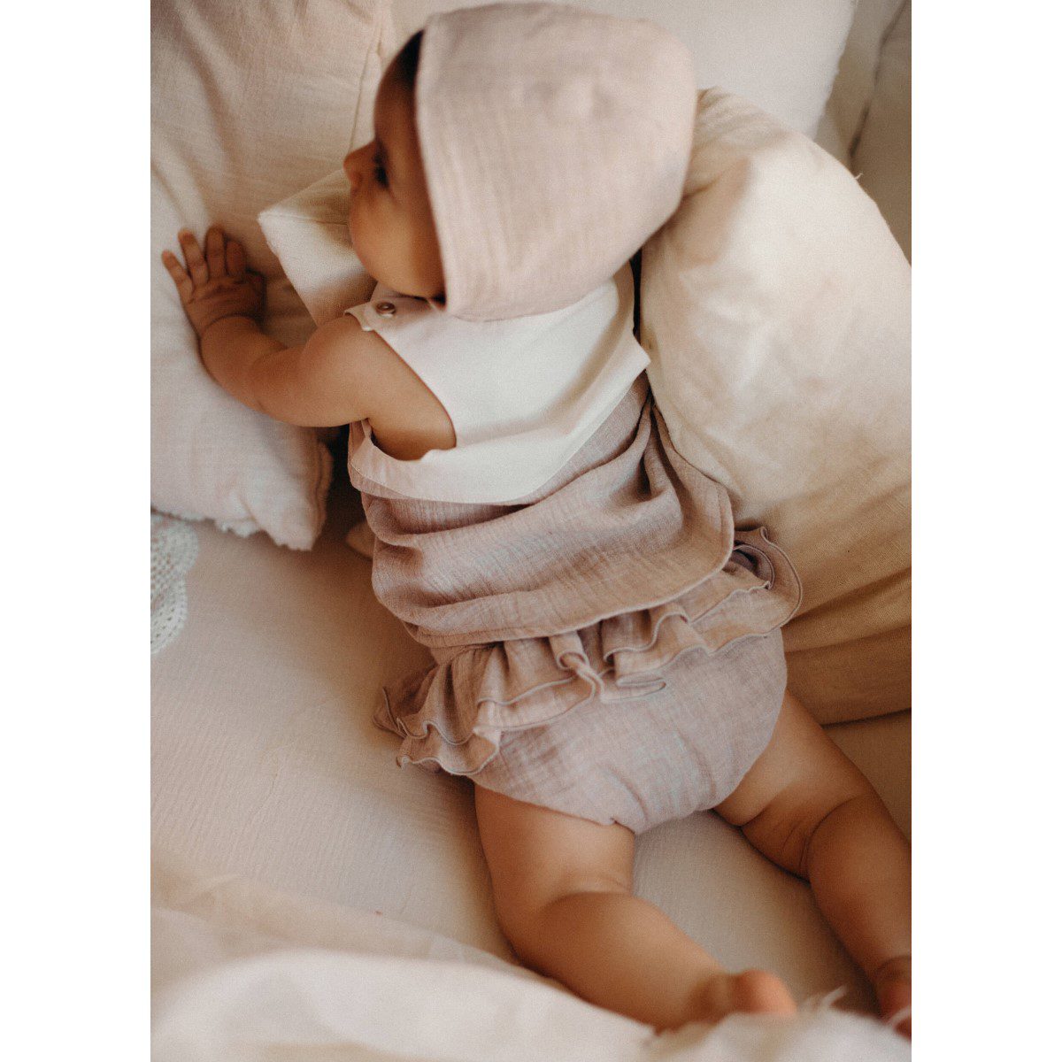 Sleeveless Organic Shirt & Culotte with Frills | Sand