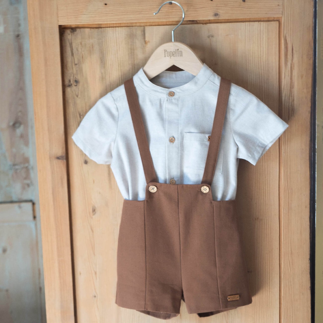 Off-white Shirt Style Romper Suit & Terracotta Panelled Dungarees