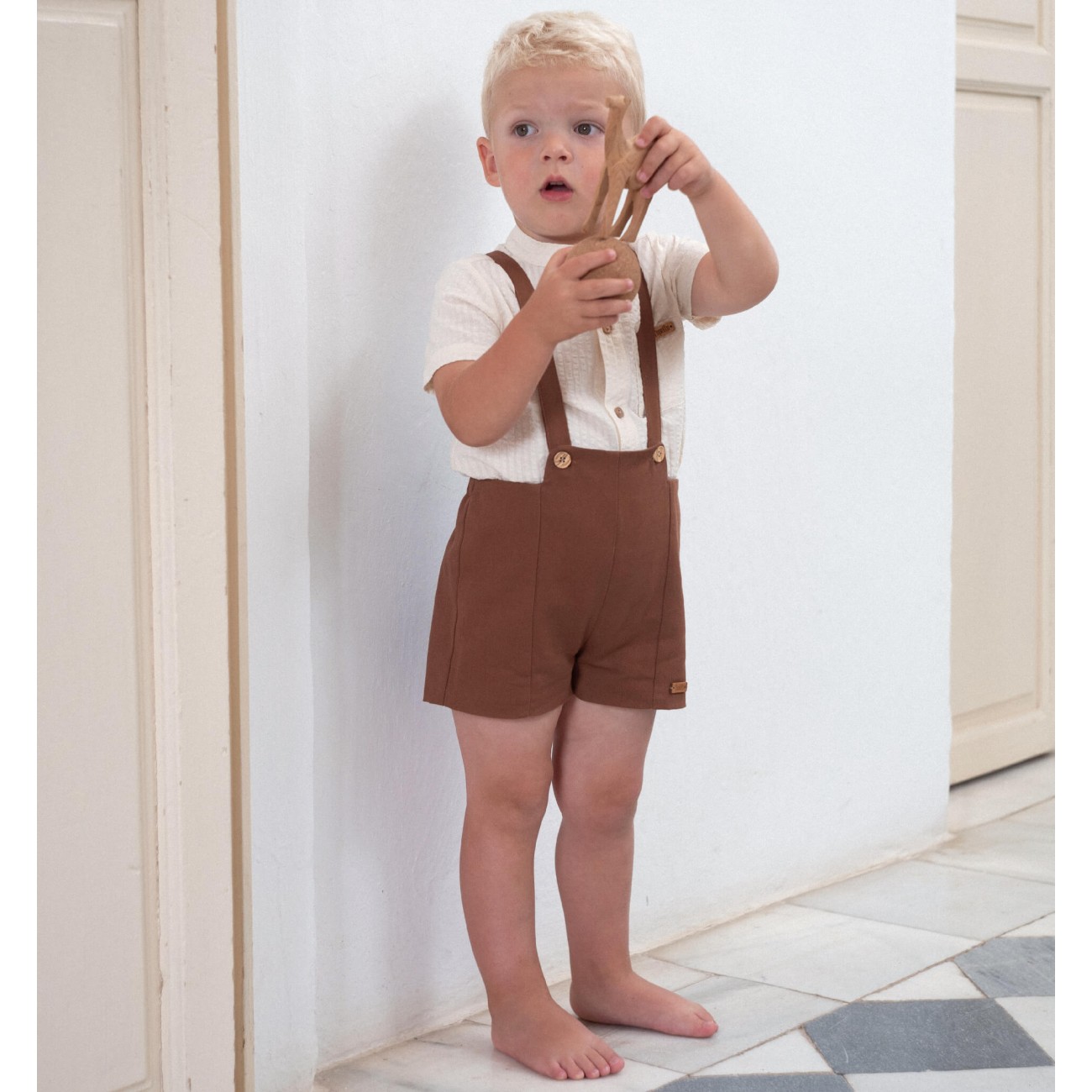 Off-white Shirt Style Romper Suit & Terracotta Panelled Dungarees