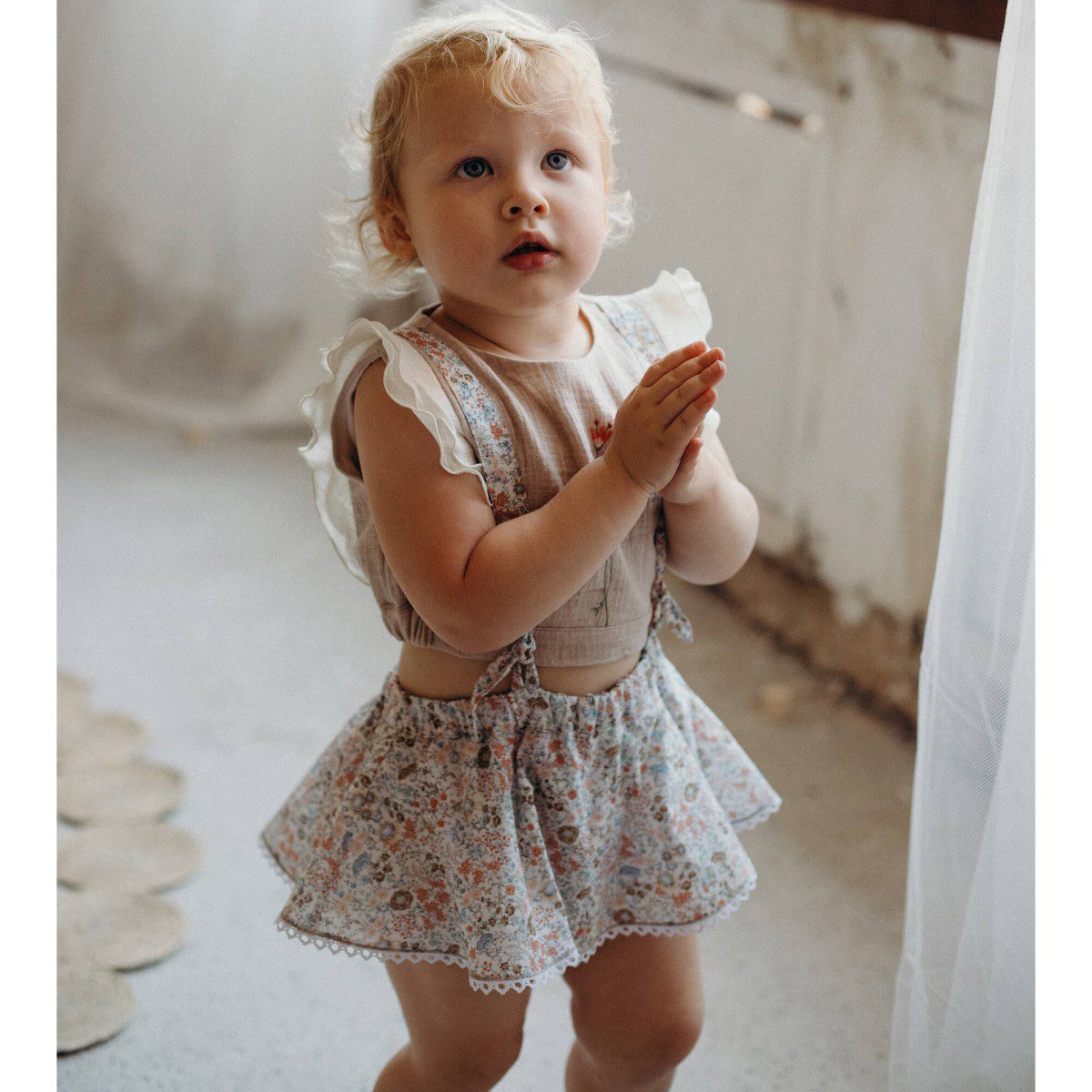 Organic Embroidered Top & Romper Suit with Removable Straps | Sand/Floral