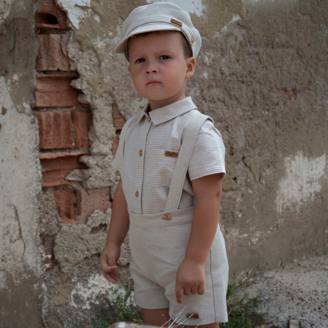 Sand Dungarees & Sand Striped Romper Suit