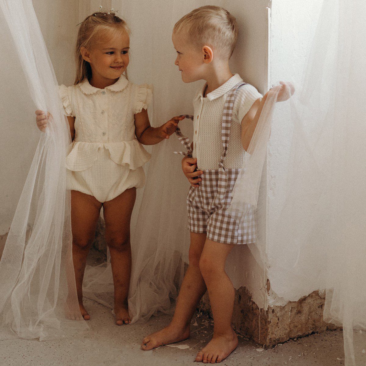 Knitted Romper Suit with Shirt Collar & Dungarees with Removable Straps | Gingham