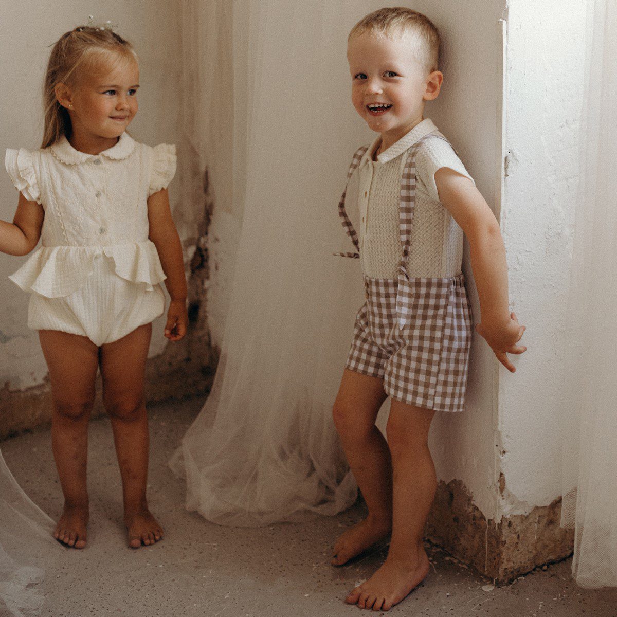 Knitted Romper Suit with Shirt Collar & Dungarees with Removable Straps | Gingham