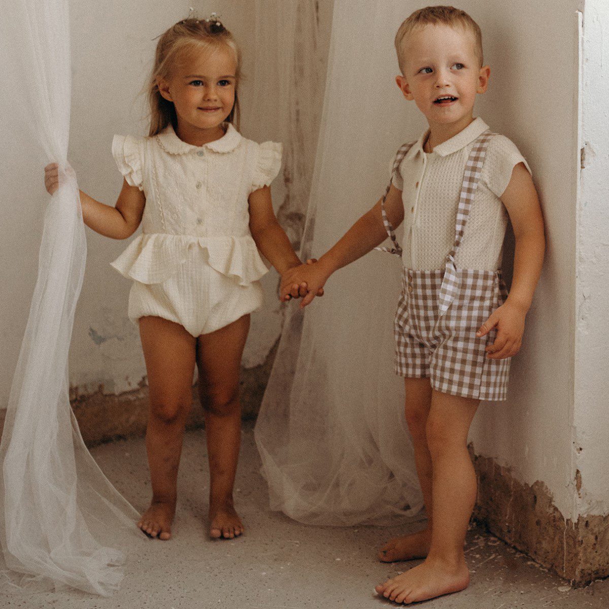 Knitted Romper Suit with Shirt Collar & Dungarees with Removable Straps | Gingham