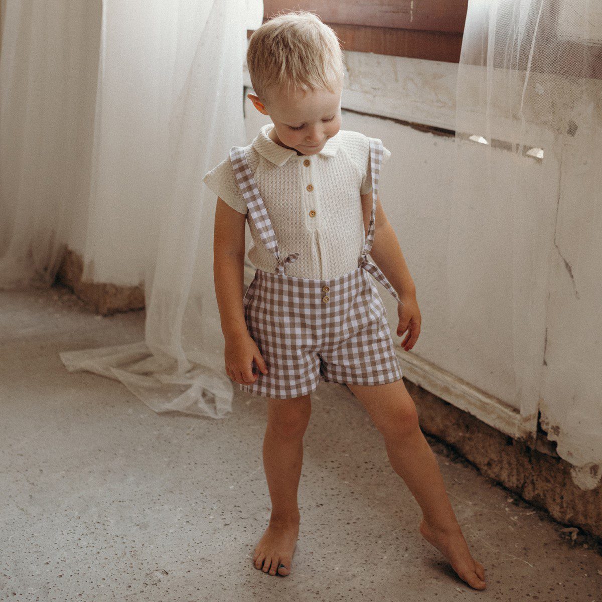 Knitted Romper Suit with Shirt Collar & Dungarees with Removable Straps | Gingham