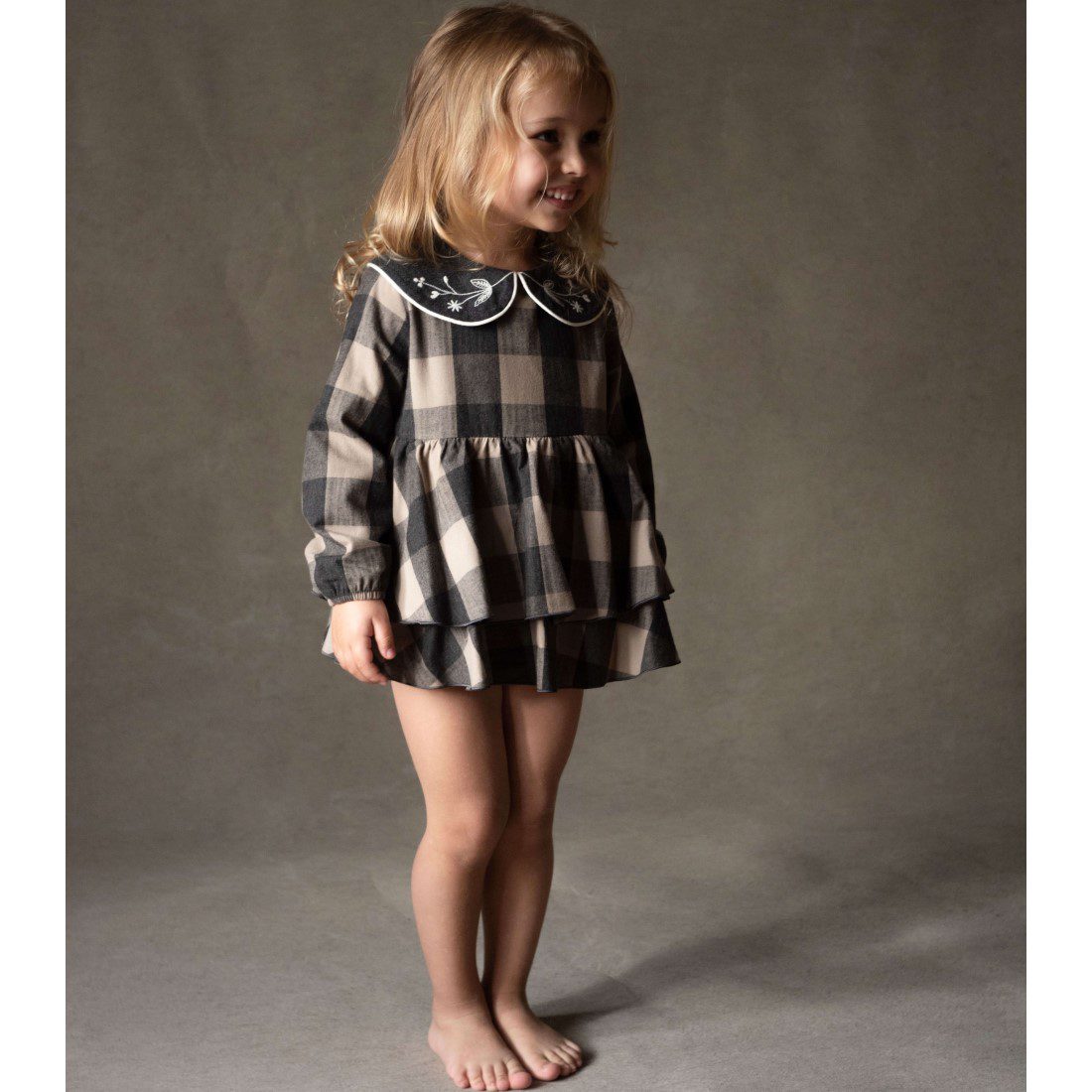 Taupe Check Romper Suit W/ Frill