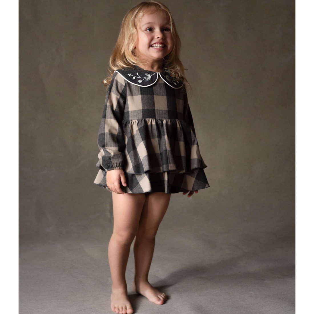 Taupe Check Romper Suit W/ Frill