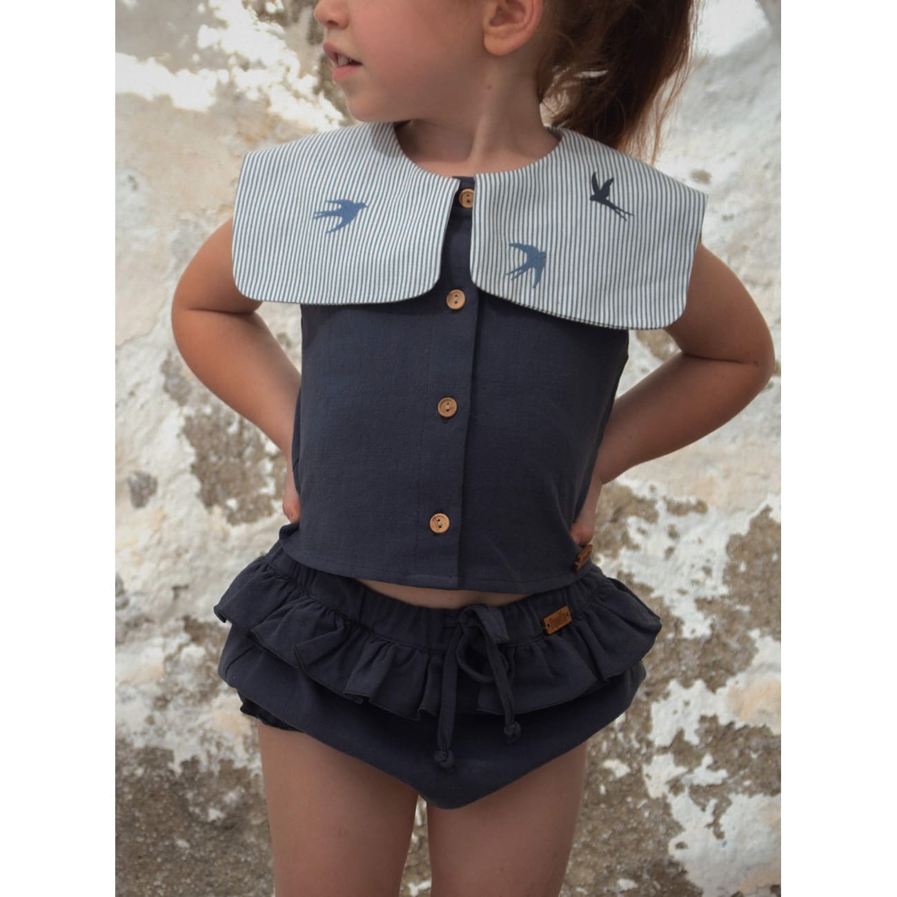 Blouse W/ Collar & Blue Culotte W/ Frills | Navy Blue