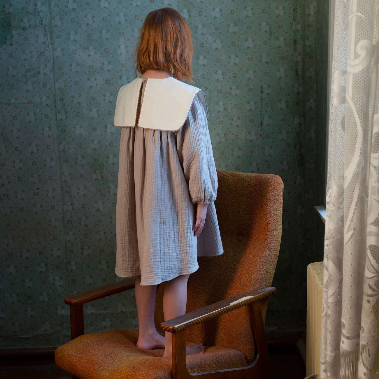 Taupe Dress in W/ Embroidered Yoke