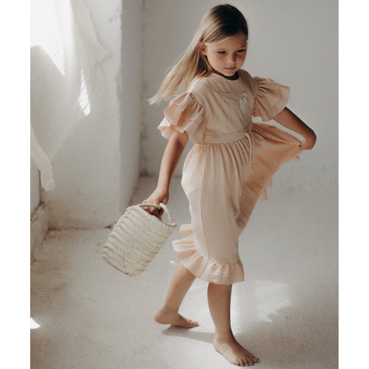 Organic Dress with Embroidered Yoke and Appliqué | Pink