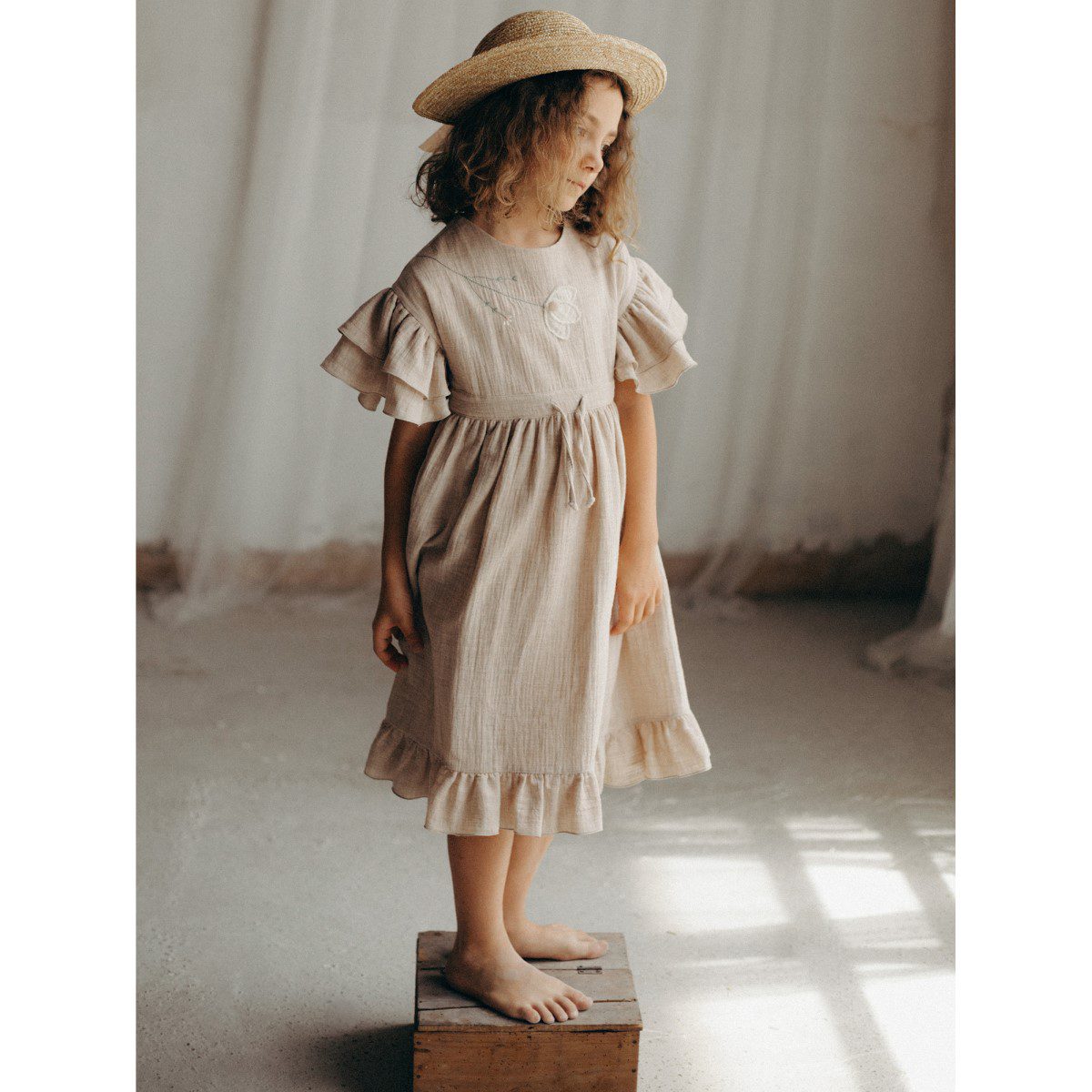 Organic Dress with Embroidered Yoke and Appliqué | Sand