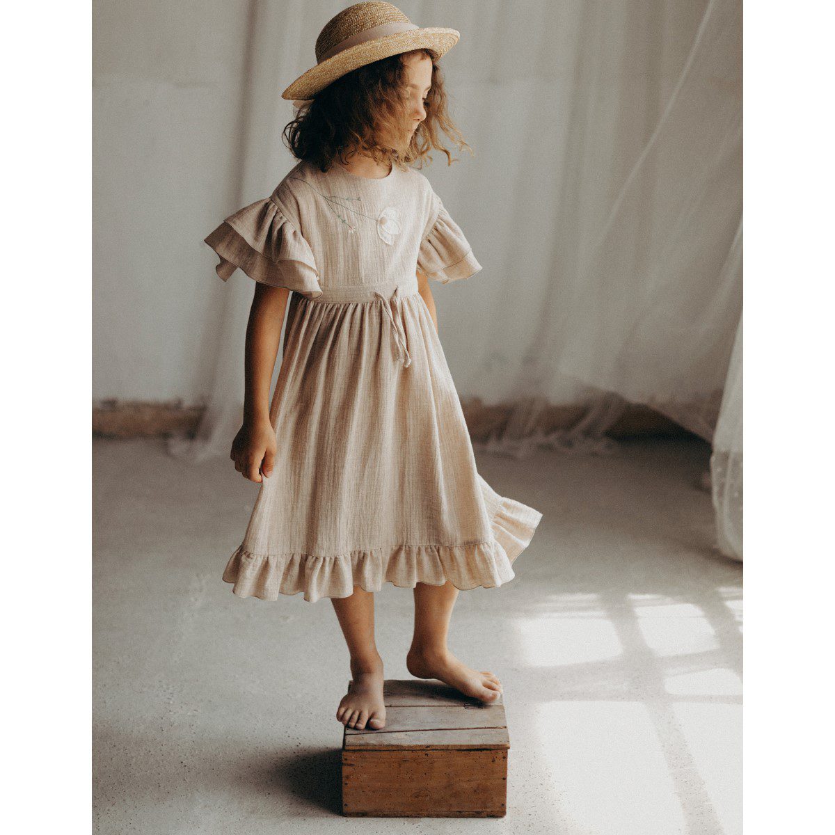 Organic Dress with Embroidered Yoke and Appliqué | Sand