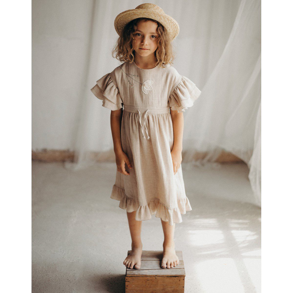 Organic Dress with Embroidered Yoke and Appliqué | Sand
