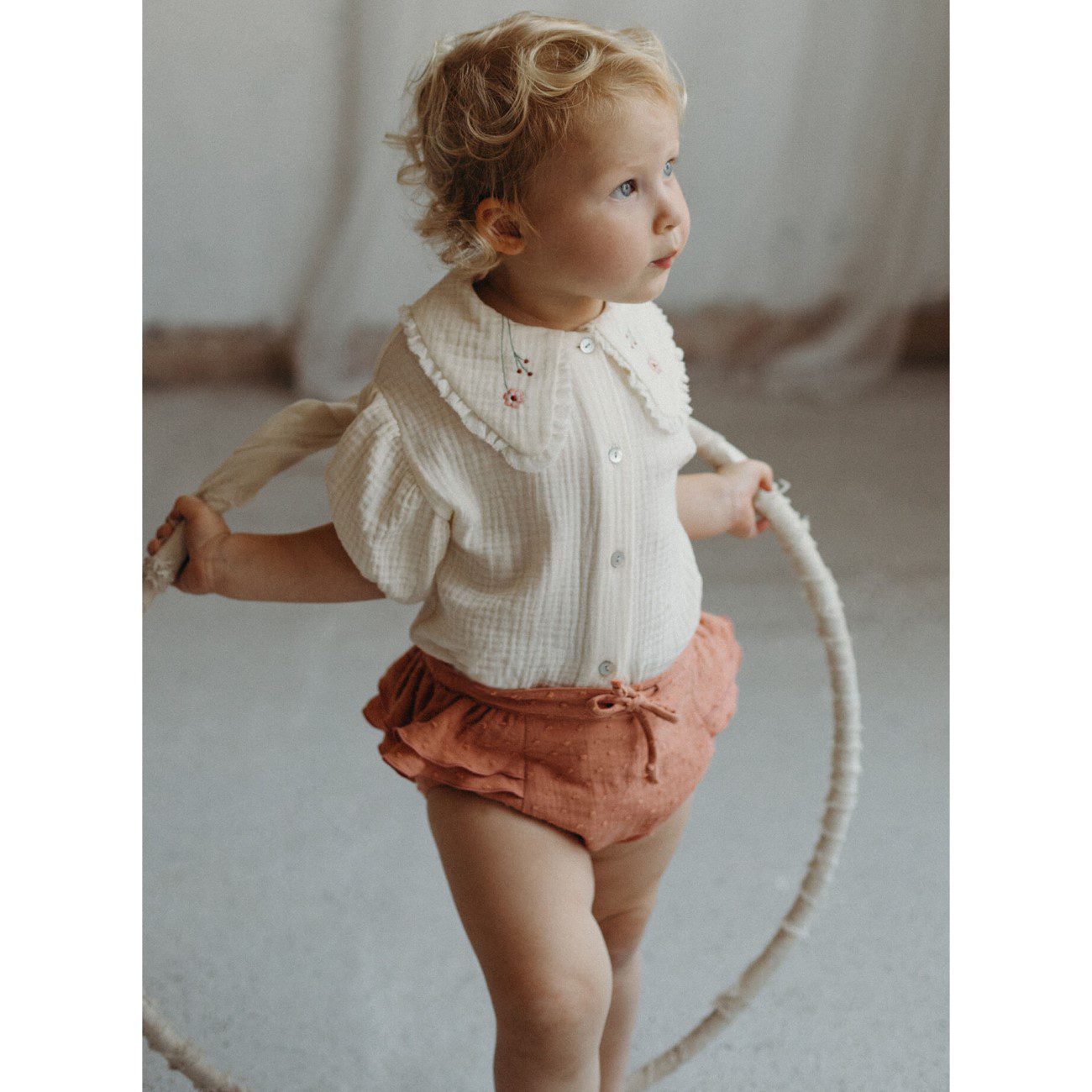 Off-white Organic Blouse W/ Embroidered Collar & Coral Culotte W/ Frills