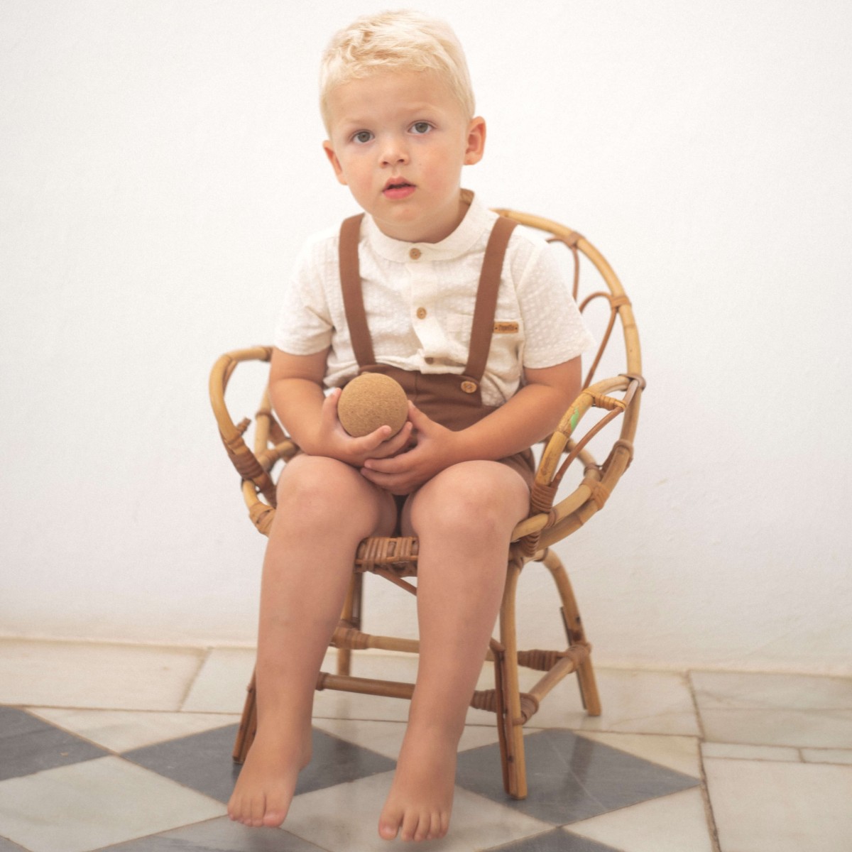 Off-white Shirt Style Romper Suit & Terracotta Panelled Dungarees