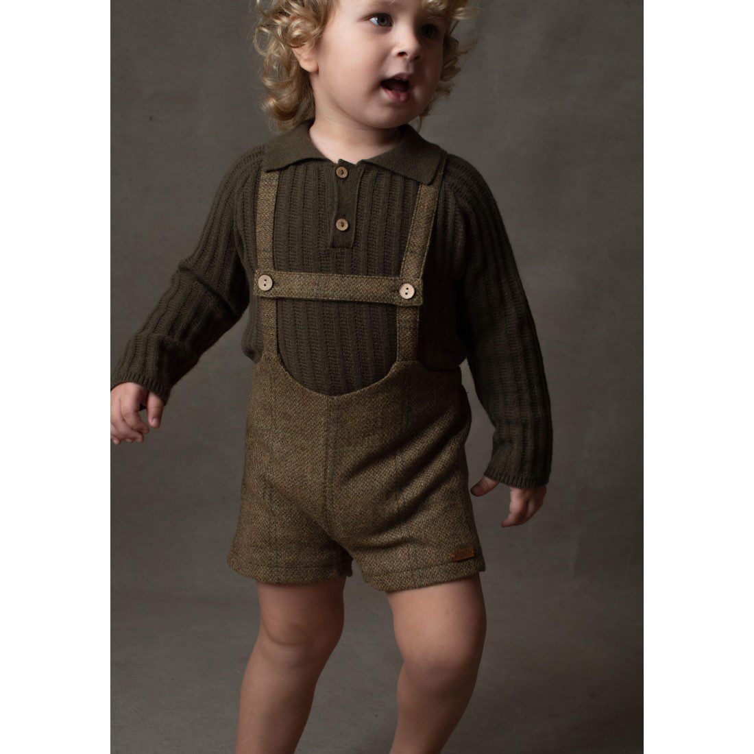 Green Knitted Romper Suit & Green Check Woollen Short Dungarees