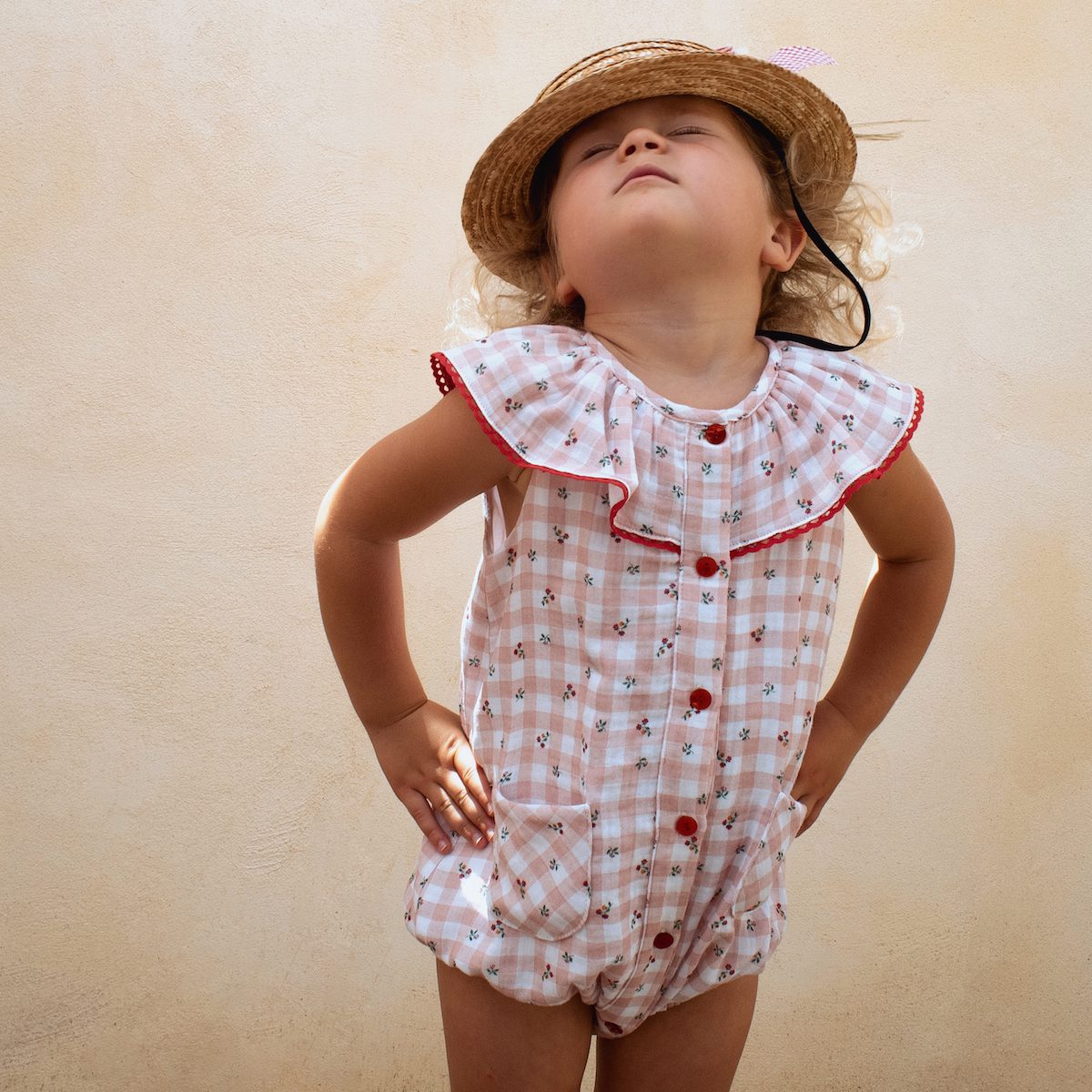 Gingham Romper Suit W/ Frilled Collar