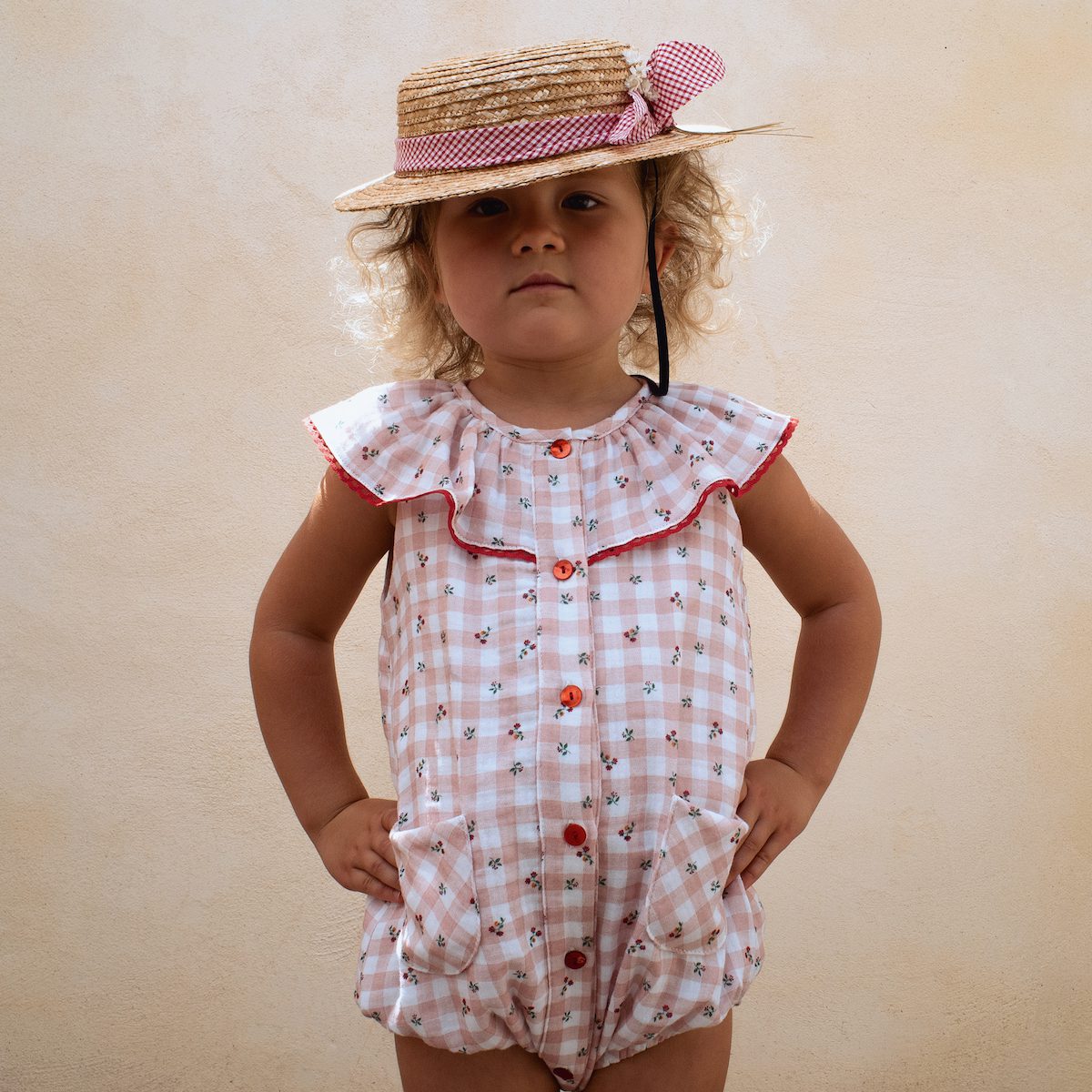 Gingham Romper Suit W/ Frilled Collar