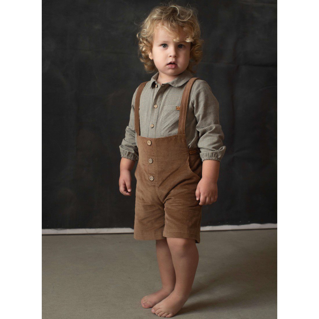 Black Gingham Shirt Romper Suit W/ Ochre Short Dungarees