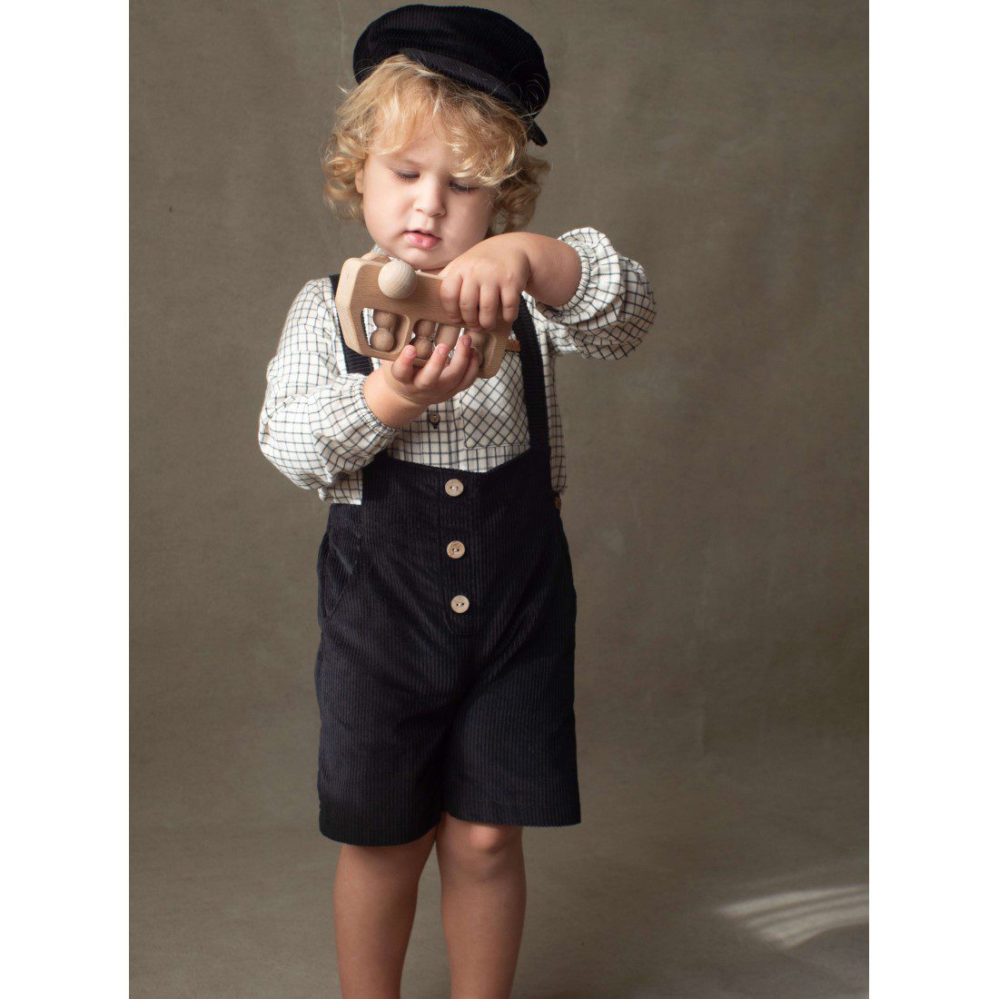 Off-white Check Shirt Romper Suit & Black Short Dungarees