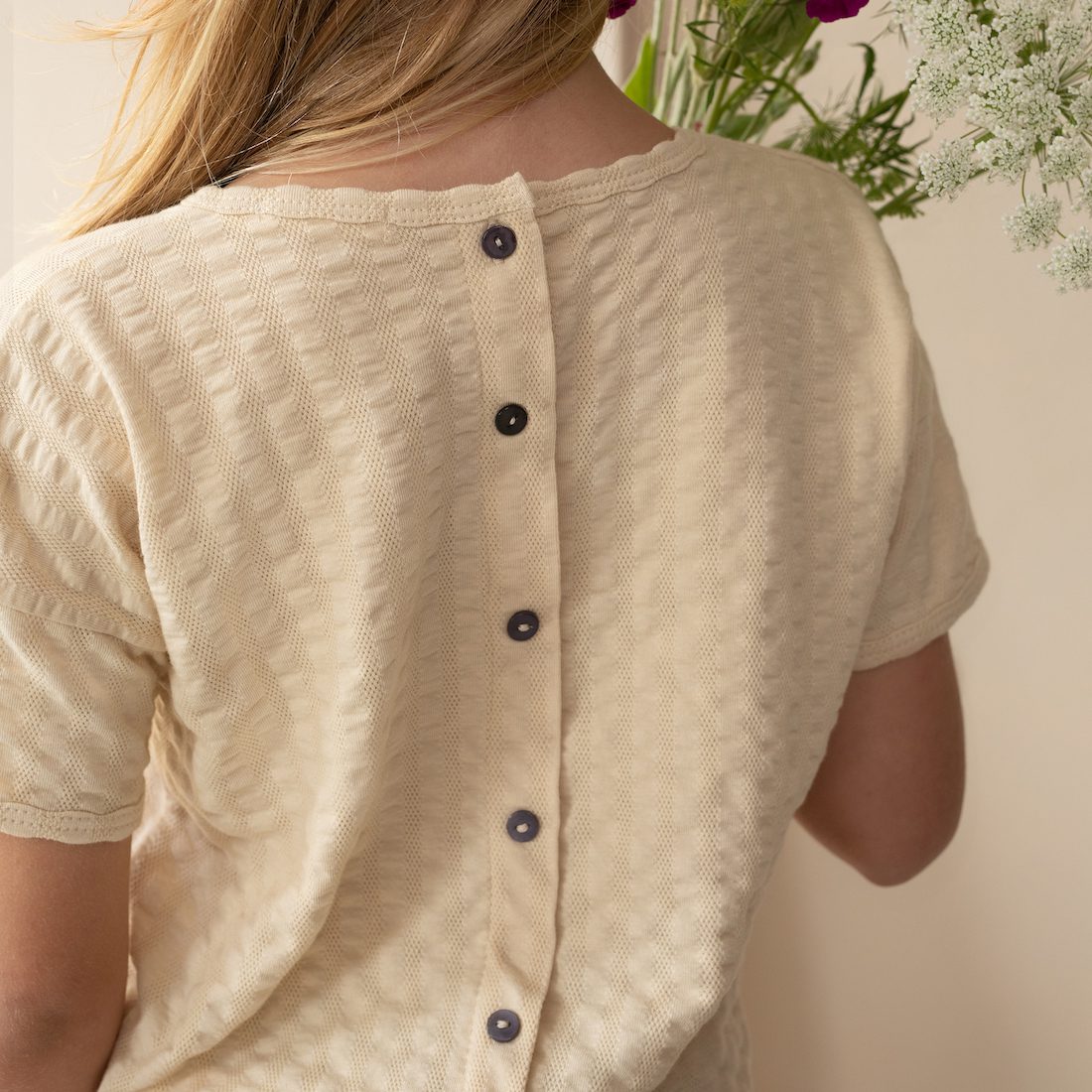 Buttercream Textured Button Back T-Shirt & Mellow Apricot Rib Shorts