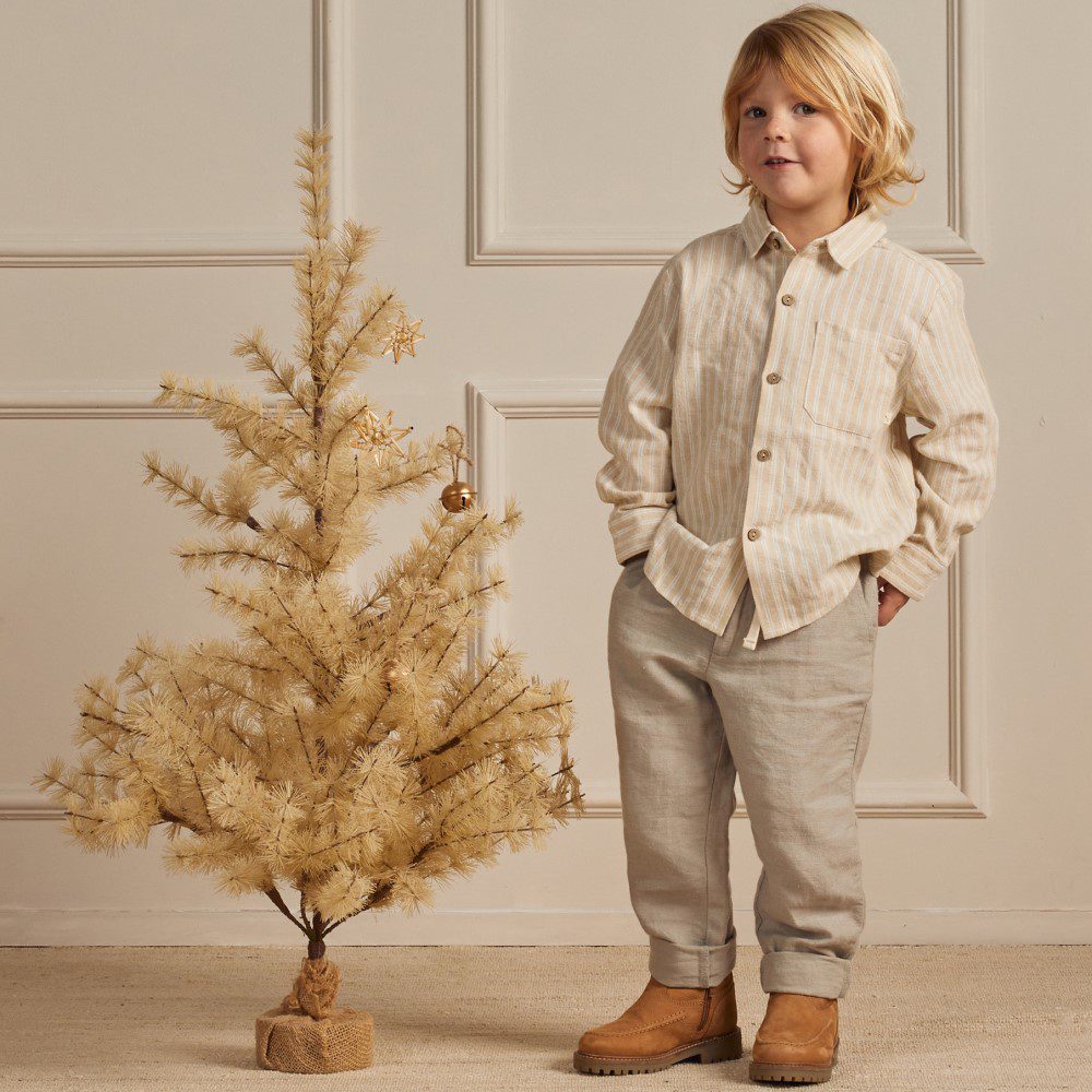 Collared Shirt Champagne Stripe & Kalen Pant Pewter